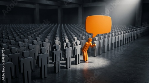 Standing Out from the Crowd: A single, illuminated orange figure holding a speech bubble stands out from a monotonous crowd of grey figures, symbolizing individuality and unique thought.