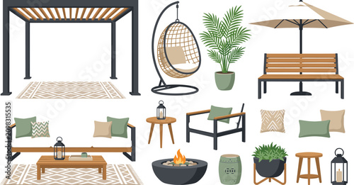 Quadro su tela Modern outdoor patio furniture and backyard garden decor vector illustration set