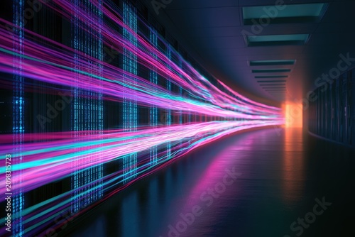Streaks of light zoom through a server room tunnel with glowing end