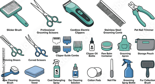 Schilderij op canvas Professional pet grooming tools vector icon set featuring electric clippers sci