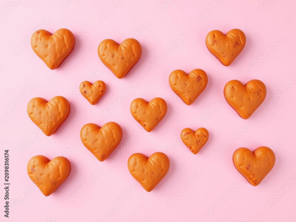 Obraz premium Hearts made from burger patties arranged in a pattern on a pink pastel background, sweet, heart-shaped