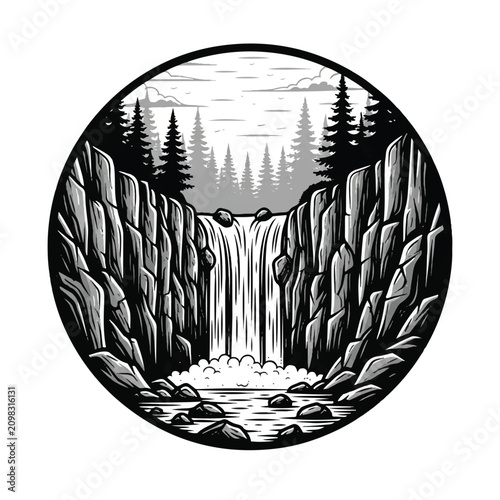 Waterfall flowing down rocky cliffside landscape.