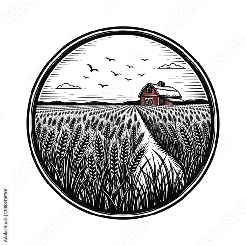 Wheat Field Farm Landscape Illustration.