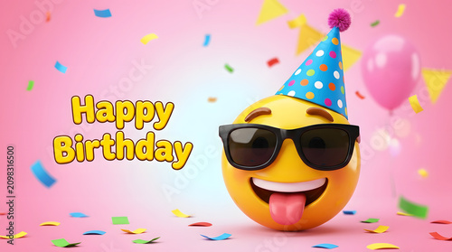 Happy birthday celebration with smiling face wearing sunglasses and party hat on pink background with confetti