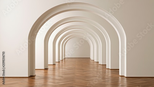 White arched hallway with gleaming wooden floor receding into distance