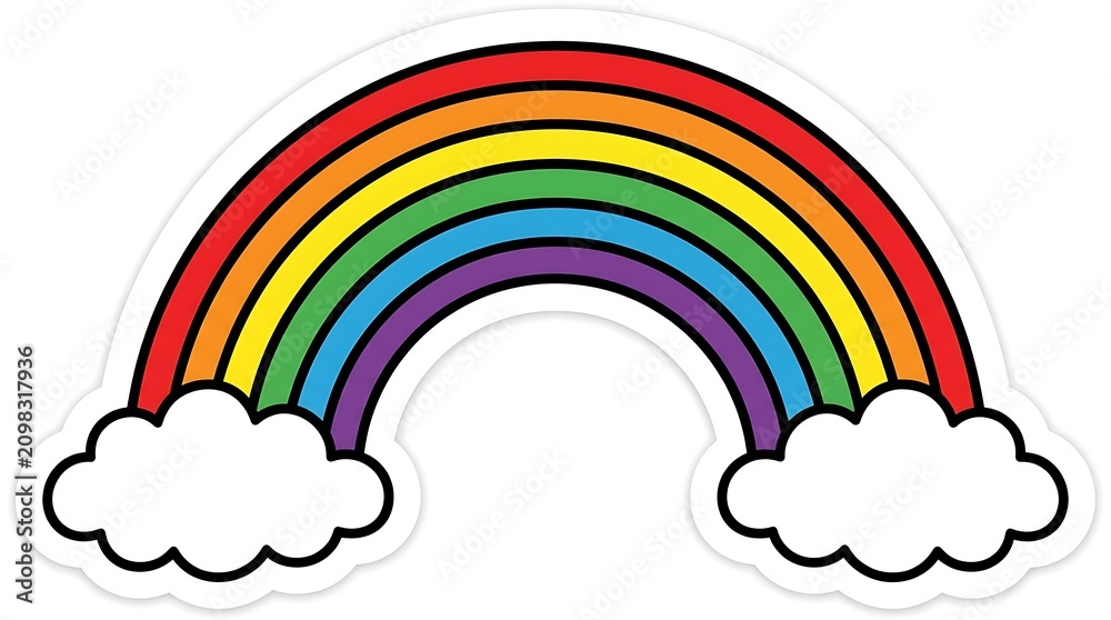 Obraz premium Vibrant Rainbow Arch: A vivid rainbow arcs across a serene sky, adorned with fluffy white clouds at its endpoints, symbolizing hope and beauty.