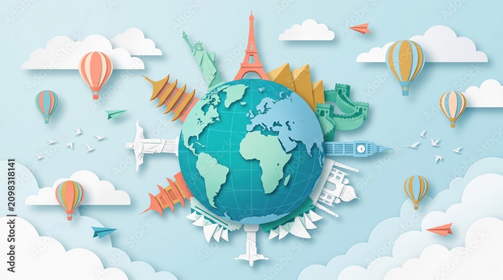 Naklejka premium Global Sightseeing Vacation Banner in Layered Paper Craft Aesthetic