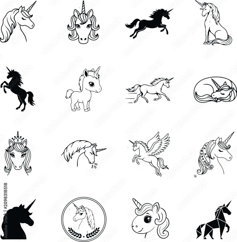 Obraz premium Various unicorn illustrations and icons in black and white