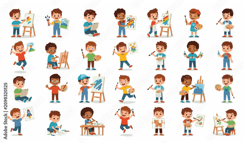 Fototapeta premium Kids Painting Boy Character Flat Cartoon Vector Illustration Collection
