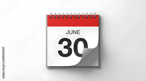 Desktop calendar page on white background showing June 30 date with red header and silver spiral binding