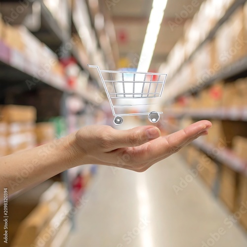 A hand holding a small shopping cart in a blurred store aisle