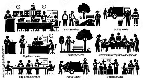 Set of icons depicting municipal government and community public services.