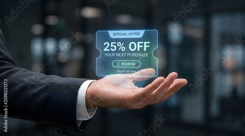 Hand Holding Digital Special Offer Coupon with 25 Percent Discount, Redeem Button and Holographic Loyalty Promotion in Modern Business Office