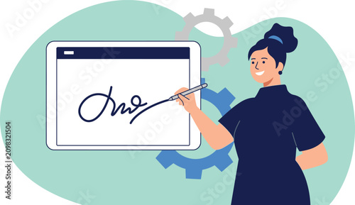 Woman digitally signing document on tablet with stylus and gears web banner and landing page illustration