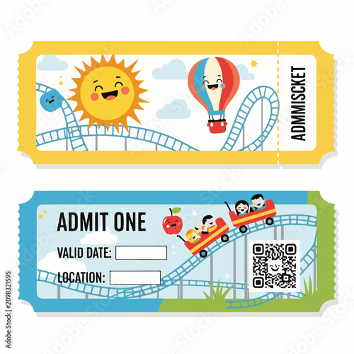 Cute Amusement Park Admission Ticket Template Roller Coaster Sun Kids Illustration