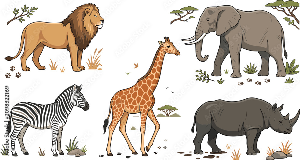 Obraz premium Vector illustration of African safari wild animals set with lion elephant giraffe zebra and rhinoceros for children education books or zoo branding