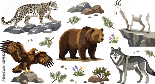 Fotografia Vector illustration of mountain wild animals set with grizzly bear snow leopard