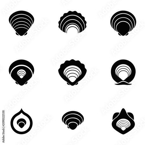 Collection of nine distinct bivalve mollusk shells rendered in a striking black silhouette against a neutral surface showcasing varied seashell designs and marine life decorative elements for a
