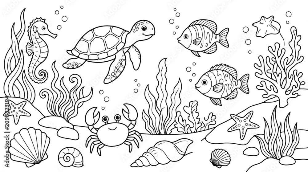 Fototapeta premium Underwater Coloring Page Featuring Cute Sea Animals Corals And Shells For Kids Activity Book Illustration For Creative Education