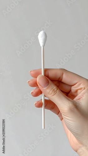 A hand holding a white cotton swab against a plain background