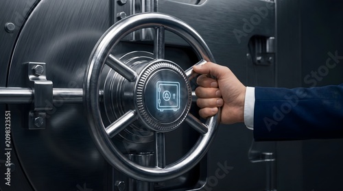 Secure Bank Vault Door with Business Hand Opening Safe Lock for Financial Security and Asset Protection