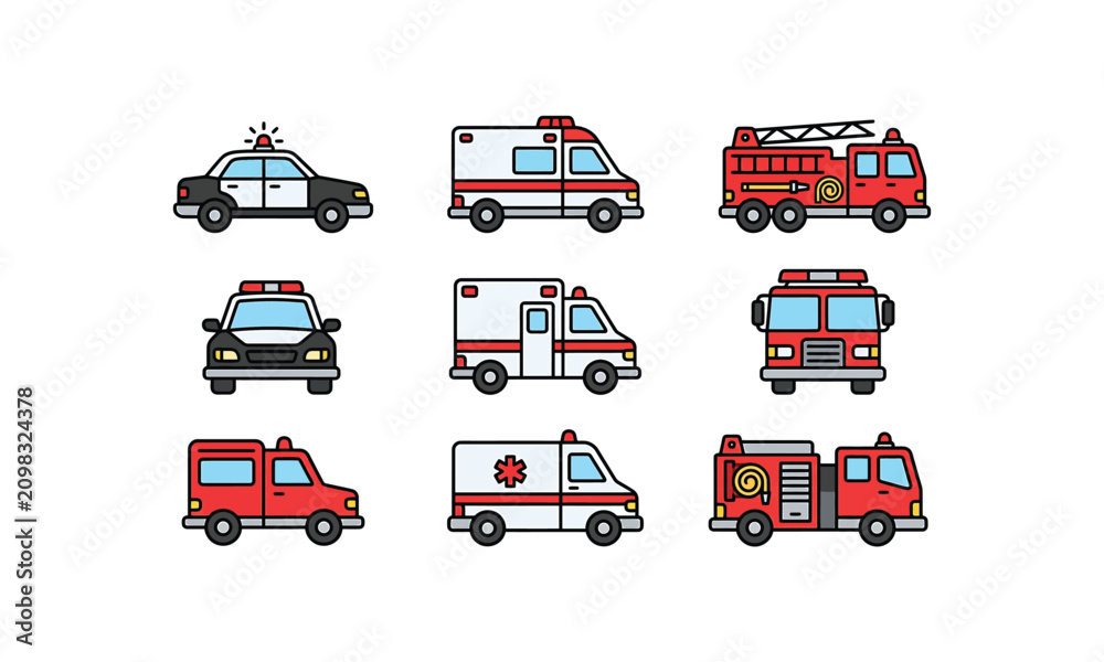 Fototapeta premium Emergency service vehicles set with police fire ambulance.