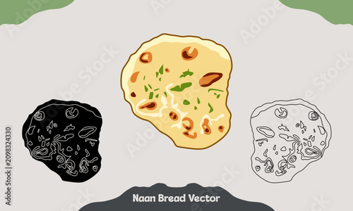 Naan bread vector illustration shown in top view with colored, silhouette, and outline styles for menus, restaurants, food branding, packaging, recipes, and culinary design.