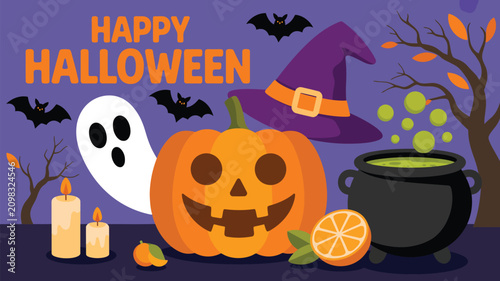 Happy Halloween text, ghost, pumpkin, witch hat, cauldron, candles, bats, autumn tree