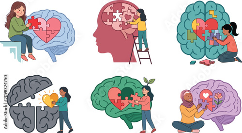 Fotografie Mental Health Awareness Icon Set Featuring Women Solving Brain Puzzle Pieces and