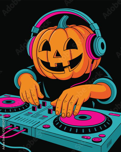 Happy jack o lantern character with pink headphones mixes music on DJ turntables