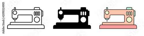 Sewing machine icon set featuring outline silhouette and colorful flat vector designs for tailoring fashion design and handicraft apparel branding