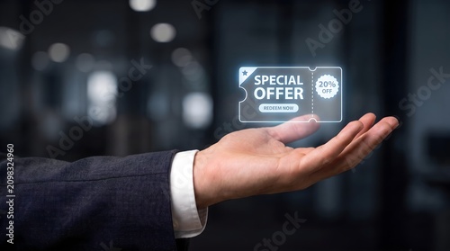 Special Offer Discount Coupon Hologram in Business Hand, Digital Promo Ticket, 20 Percent Off Sale, Modern Marketing Technology