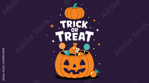 Happy jack o lantern pumpkin bucket filled with candies for Trick or Treat