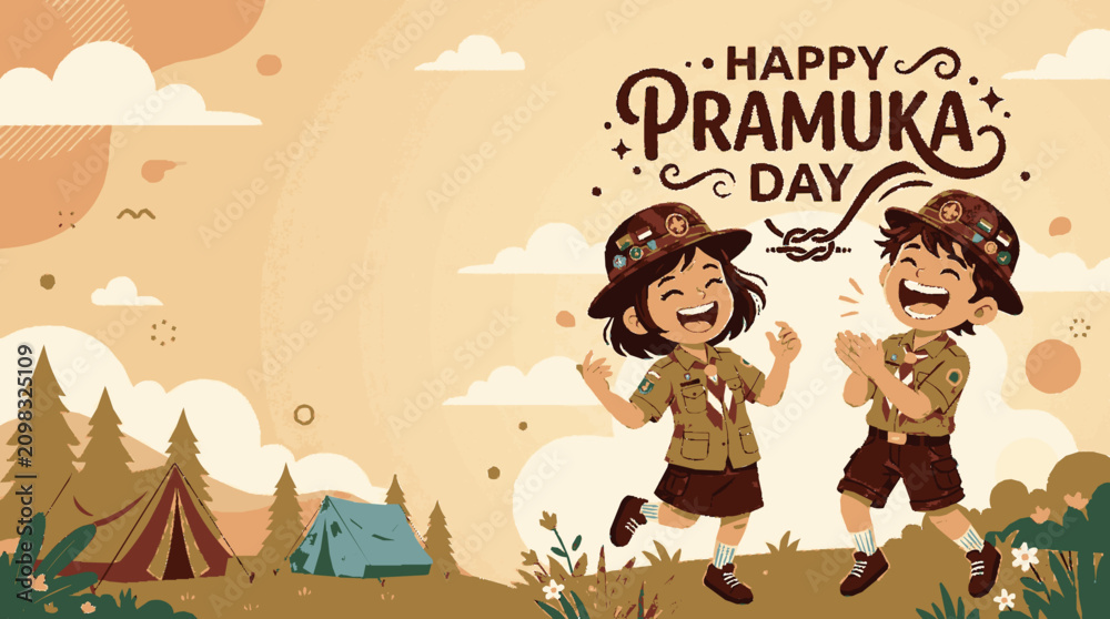 Fototapeta premium Cheerful young scouts celebrating outdoors with tents and forest background in a vibrant flat vector illustration style design