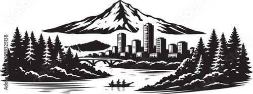Oregon Skyline Silhouette Vector Illustration with Forest and Mountain Landscape