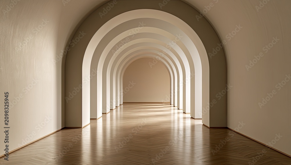 Fototapeta premium Endless arched hallway with natural light streaming through, creating shadows
