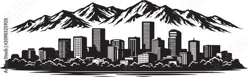 Colorado Mountain Skyline Silhouette Vector Illustration with Rocky Mountain Peaks and City Skyline