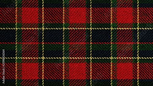 Classic tartan pattern with red, blue, green, and gold threads forming a grid
