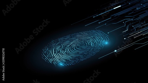 Glowing blue fingerprint on black background with digital circuit lines