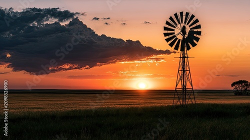 Plakat Rustic windmill silhouetted against a dramatic, fiery sunset over golden fields