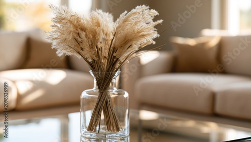A clear glass vase with dried fluffy reeds on a reflective table