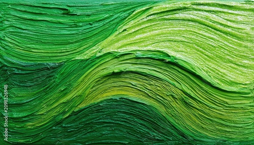 Thick, textured green paint strokes form rolling hills, abstract landscape