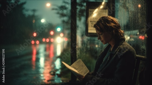 Woman reading at rainy bus stop