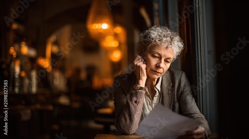Woman reading document by window light