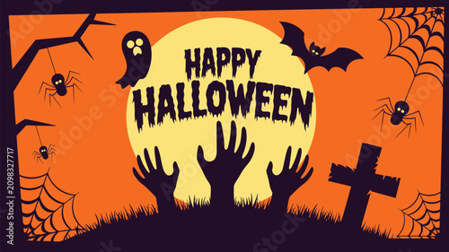 Haunting Halloween landscape with graveyard elements under a bright full moon