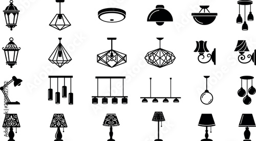 Canvastavla Modern and vintage home lighting silhouette icons set featuring chandeliers pend