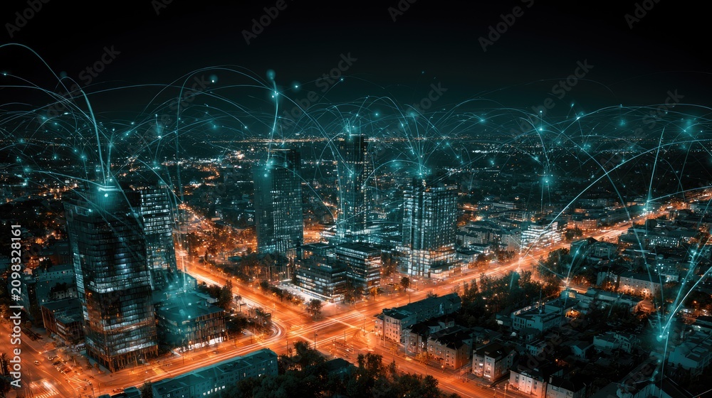 Fototapeta premium Illuminated cityscape with glowing data connections at night