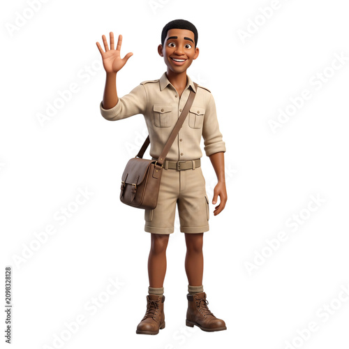 3d cartoon style character of a young male explorer waving