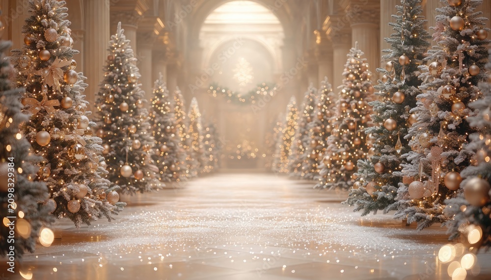 Fototapeta premium Enchanting Christmas Hallway Decorated with Glowing Christmas Trees.