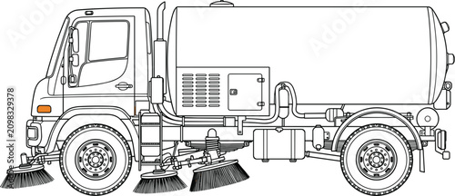 Fotografia Detailed black outline municipal street washing truck with large water tank and